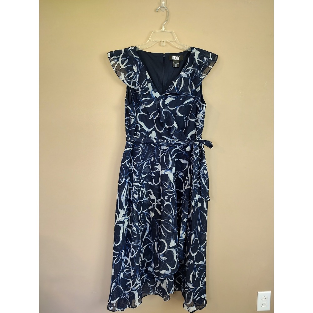 DKNY Women Navy Blue Floral Clip Dot Faux Wrap Midi Dress Flutter Sleeve Size 14